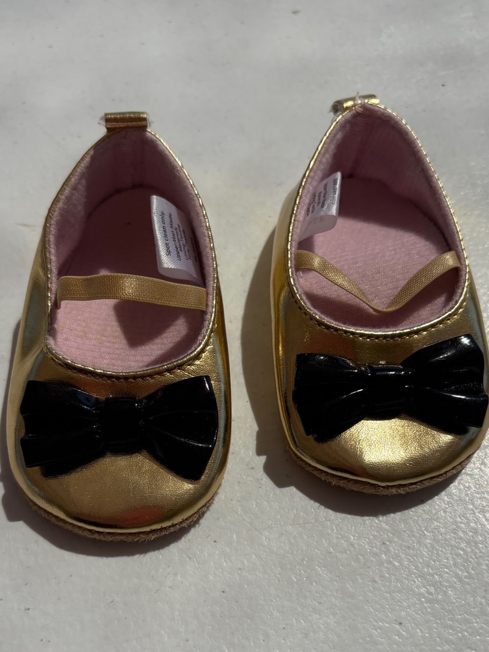 Baby Girl Metallic Gold Ballet Shoes with Black Bow - Picture 1 of 6